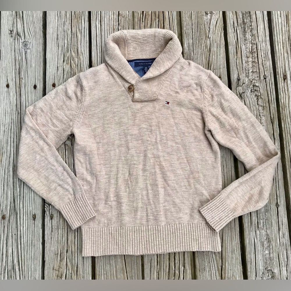 Mens S TOMMY HILFIGER Tan Khaki Collar Neck Pullover Grandpa Dad Sweater Shirt